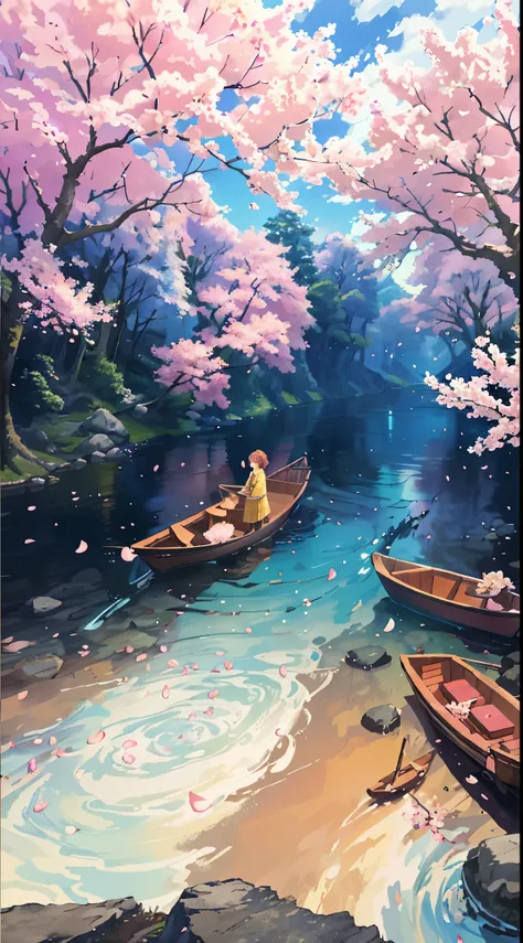 original,(illustration:1.1),(best quality),(masterpiece:1.1),(extremely detailed CG unity 8k wallpaper), (colorful:1.2), sakura tree, sakura petals,landscape,  river|road,