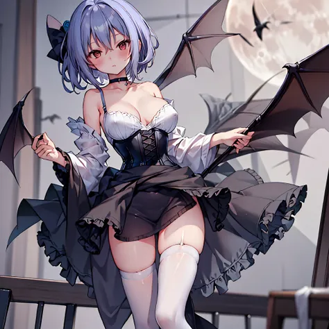 Remilia toho character, (solo:1.2), (standing on deck of mansion:1.1), a full moon, midnight, BREAK, short hair, collarbone, (very perky large breasts), (emphasize cleavage), (inconceivably thin waist:1.3), (very short thin torso:1.2), very long (thin legs...