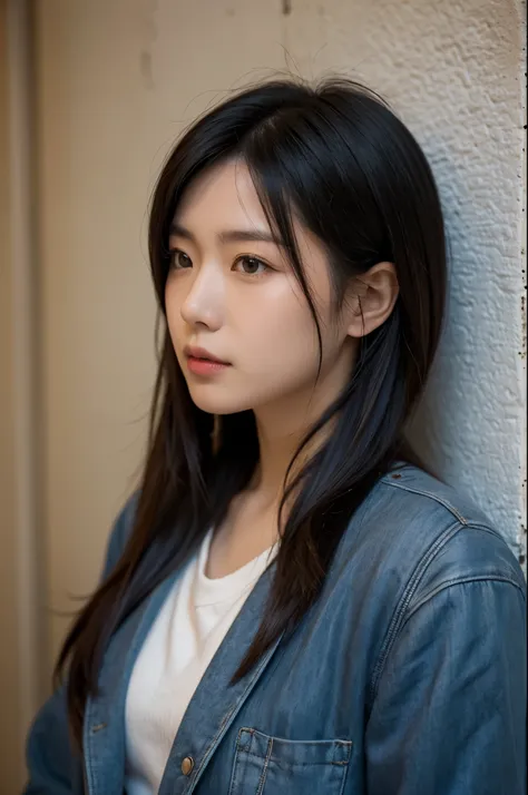 Asian woman in blue jacket against wall, close-up of face, side light