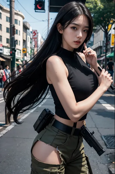 25 years old japan beauty full body shoot, wide shoot, action battle pose full body of fictional character: sweet but dirty face beauty japanese girl with long hair wearing khaki tanktop & dessert camouflage motif military pants, with tactical suit & milit...