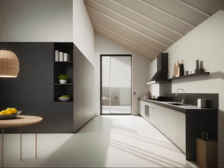 There is a kitchen，There&#39;s a table here，There is a bowl of fruit on the counter, minimal kitchen, highly photographic rendering, Rendering using povray, photographic rendering, architectural visualization, present in corona, Award-winning rendering, Ar...