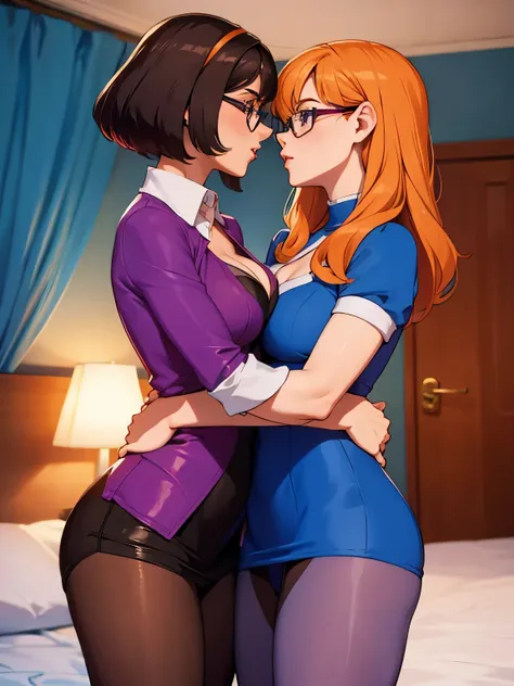 velma and daphne, both wearing pantyhose, kissing