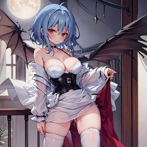 Remilia toho character, (solo:1.2), (standing on deck of mansion:1.1), a full moon, midnight, BREAK, short hair, collarbone, (very perky large breasts), (emphasize cleavage), (inconceivably thin waist:1.3), (very short thin torso:1.2), very long (thin legs...