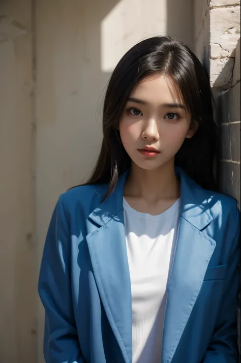 An indonesian beautiful girl in blue jacket against wall, close-up of face, side light