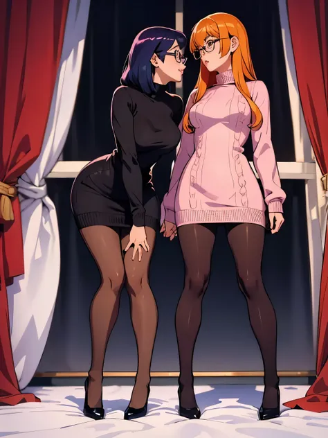 show entire body, feet in view, velma and daphne, sweater dresses, both wearing pantyhose, kissing