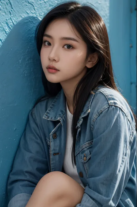 An indonesian beautiful girl in blue jacket against wall, close-up of face, side light