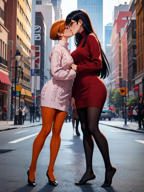 show entire body, feet in view, velma and daphne, sweater dresses, both wearing pantyhose, no shoes, kissing