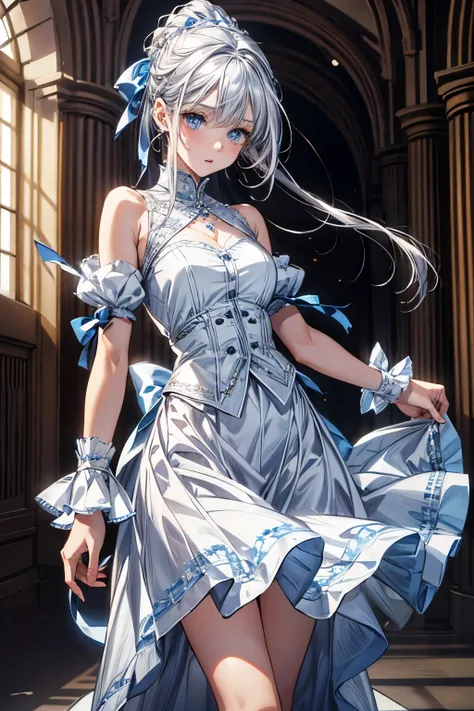 （absurd，high resolution，Super detailed）， ｛1 girl｝，｛alone｝，silver hair，Wearing a pure white dance skirt，The eyes are blue，dancer，Royal sister