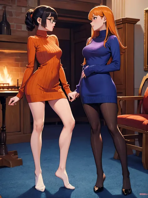 show entire body, feet in view, velma and daphne, sweater dresses, both wearing pantyhose, no shoes, kissing