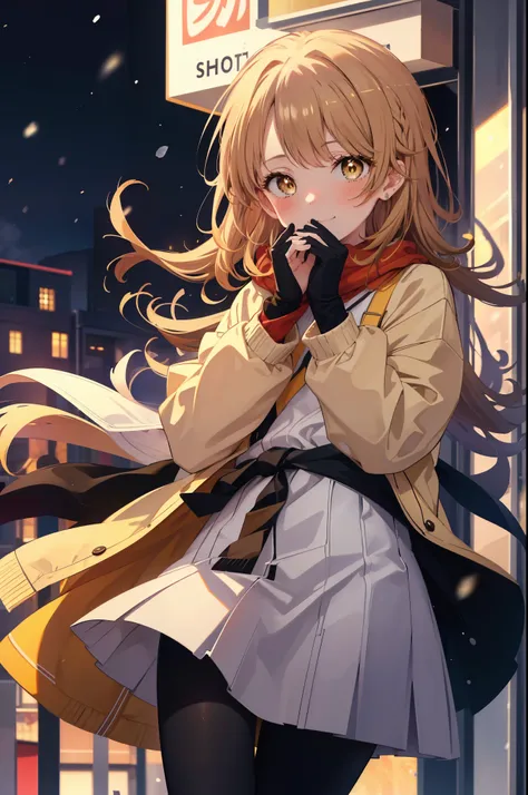 irohaisshiki, isshiki iroha, long hair, brown hair, (brown eyes:1.5), smile,blush,yellow long coat,sweater,red muffler,black lon...