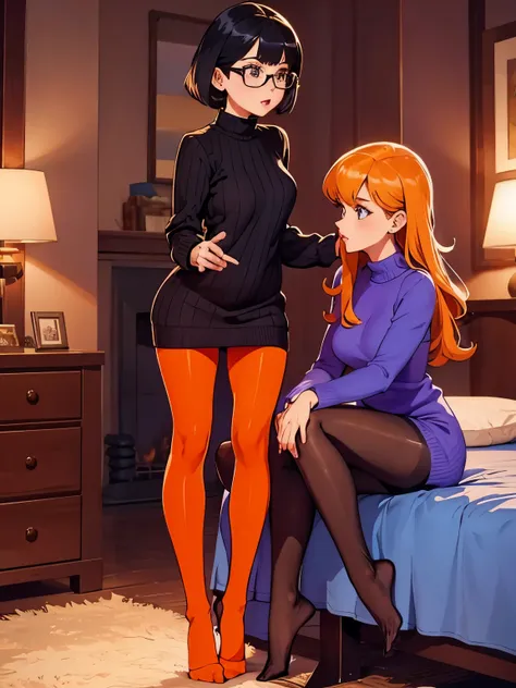 show entire body, feet in view, velma and daphne, sweater dresses, both wearing pantyhose, no shoes, kissing