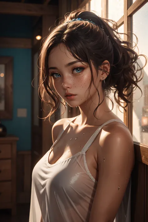 2 girls, detailed background, atmospheric, hair flowing in the wind,, auburn hair in ponytail, wearing see through wet white clothes, , tan skin, oily skin, wet hair, freckles, blue eyes, goth makeup, floating particles, backlightinasterpiece))), (((master...