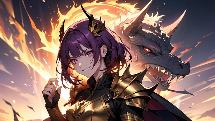 dark gold armor, female, dark red dragon horn, five-clawed golden dragon background, fire effect, thunder effect, purple hair, gradient eyes, grin, high detail, anime, cinematic lighting, glowing light, god ray, reflected light, backlight, projection illus...