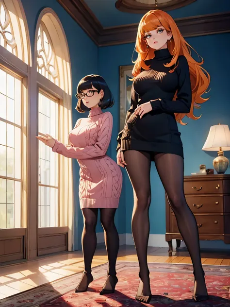 show entire body, feet in view, velma and daphne, sweater dresses, both wearing pantyhose, no shoes, luxurious house, huge windo...