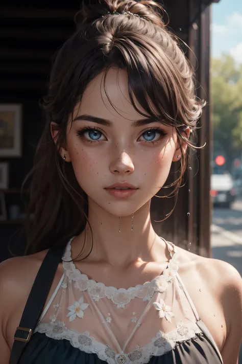 girl,detailed background, atmospheric, hair flowing in the wind,, auburn hair in ponytail, full body image, wearing see through wet white clothes, , tan skin, oily skin, wet hair, freckles, blue eyes, goth makeup, floating particles, backlightinasterpiece)...