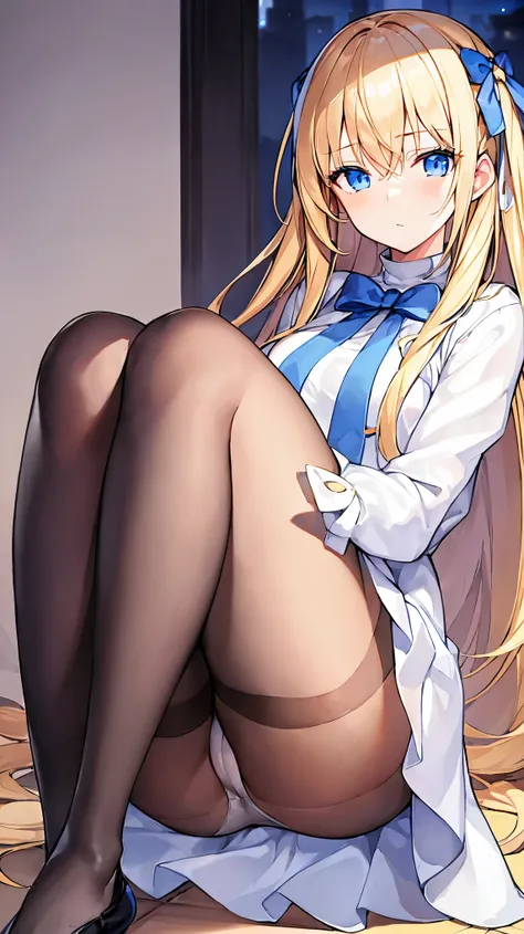 1girl, long blonde hair, blue eyes, white sweater dress, thigh high black pantyhose, knees up, sitting down, hugging knees, panties, white panties, bow panties, pantyhose, multiple views, outside background, 