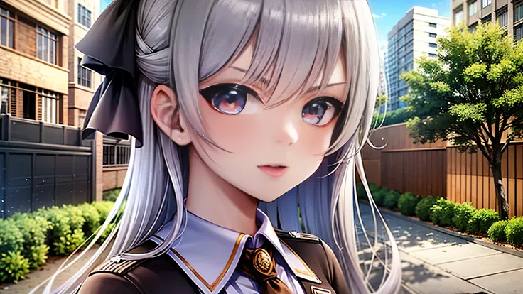 girl in uniform、school background、angry look、very cute face、silver hair