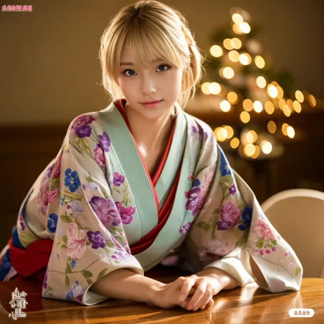 table top, highest quality, figure, super detailed, finely, High resolution, 8K, 完璧なダイナミックな構figure, beautiful and fine eyes, short kimono,straight blonde, natural color lip, bold sexy pose、20 year old girl、cute,Create a sexy look,Full body figure