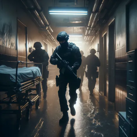 soldiers walking down a hallway in a hospital with a bed, cinematic —ar 16:9, video game cinematic, squad fighting enemy, escape from tarkov, 2020 video game screenshot, cinematic 4k octane render, unreal engine. film still, wojtek fus, greg rutkowski. cin...