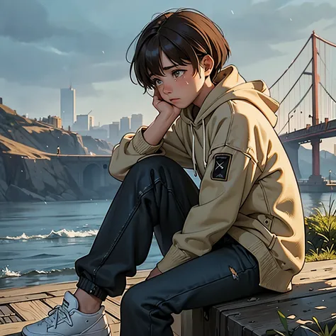 masterpiece,  best quality, , (solo), 1boy, look down, dim light, , Horizon_(apex legends), hazel eyes, brown hair, hoodie, black ripped jeans, (freckles:0.5), outdoors, bridge, rain, crying, sitting on bridge, legs dangling off the edge, short boy haircut...