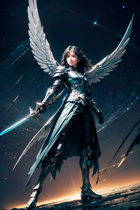 ((high-angle))), ((angel of war flying over blue-green planet)), angel is an omen of war and apocalypse, angel has white skin and jet black hair, angel flies with sword held forward ready for battle, serious and ready for battle expression, dressed in blac...