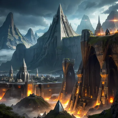 Imagine a world suspended among the volcanicc Mountain, Elven City, Huge Castle, Surrounding with Natural Fortress, Lord Of The Rings Theme, Sci Fi Concept City,
 (highly epic detailed geometric futuristic:1.5), centered, Wide Angle of an Insanely colorful...