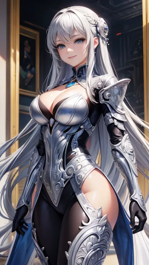 ((top quality)),(Super high resolution),(super detailed),(detailed description),((best anime)),(best work of art),(super precision art),Intricate and detailed science fiction art, tight suit:1.5, cleavage、beautiful eyes、3D rendering、smile、silver hair