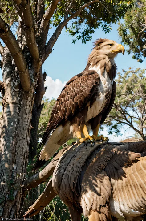 A majestic creature that combines the elegance of an eagle with the strength of a lion, com plumagem dourada e uma juba reluzente. isto&#39;It&#39;s in a habitat full of lions, a sunny afternoon with dry trees