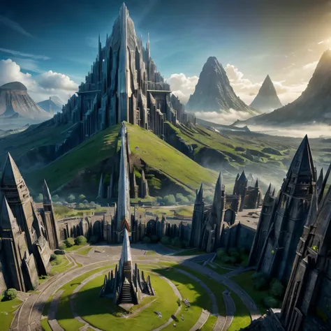 Imagine a world suspended among the volcanicc Mountain, Elven City, Huge Castle, Surrounding with Natural Fortress, Lord Of The Rings Theme, Sci Fi Concept City,
 (highly epic detailed geometric futuristic:1.5), centered, Wide Angle of an Insanely colorful...