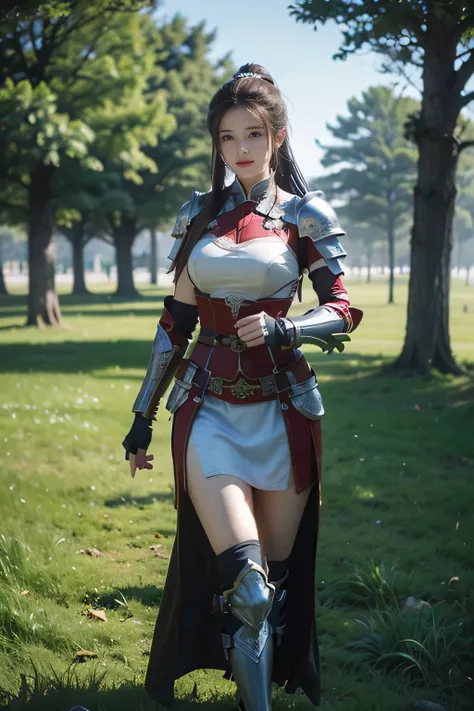 masterpiece，Best quality，A high resolution，8K，Original photo，real photo，forest background,((field：1.8))，digital photography，(Female generals on the battlefield in the Han Dynasty)，(((standing on the grass)))，18-year-old girl，（long ponytail hairstyle)，cpart...