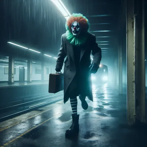 araffe clown with a suitcase and suitcase walking down a subway platform, the clown is far from the camera, scary clown, from joker (2019), detailed cinematic photography, film still of the joker, pennywise style, clown, photography alexey kurylev, cinemat...