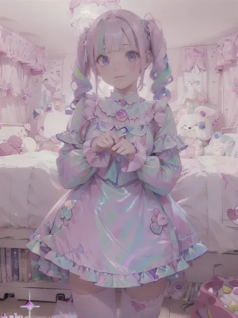 (8K, Best Quality, Master Piece: 1.2), Super High Resolution,beautiful woman,super detailed face, detailed eyes,nose flash,(pink hair, light blue multicolored hair),blunt bang,twintails,Expressionless,BREAK,sailor collar,candy patterned lolita fashion,whit...