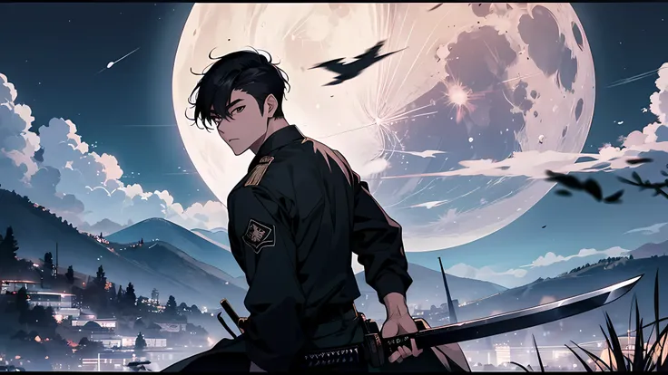 Taiwanese man 30 year old wearing uniform clothes and slashing an ennemy with his katana, shouting, short black hair, night scene in the hills, moon on the background, anime, wide shot, perfect face, perfect body