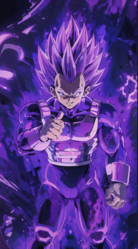 Evil smile , making Vegeta , purple aura , 8k quality, Angry Vegeta , Vegeta , big and strong muscles, earth in one hand, 