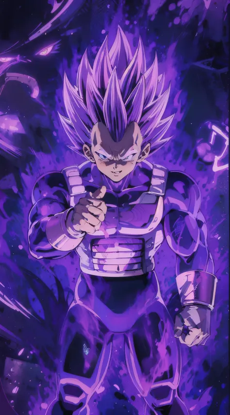 Evil smile , making Vegeta , purple aura , 8k quality, Angry Vegeta , Vegeta , big and strong muscles, earth in one hand, 