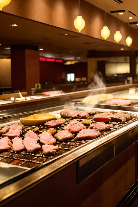 (stylish, vibrant) A bustling yakiniku restaurant,people々A place where you can enjoy the authentic experience of grilling your own meat at the table. The scene is bathed in warm, Cozy lighting, Create a charming atmosphere. The main focus is、Its a large gr...