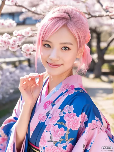 (best quality:1.2), pov,solo focus,1girl,upper body,beautiful detailed eyes,beautiful detailed lips,extremely detailed eyes and face,longeyelashes,hand on anothers cheek,smile,pink hair,blue eyes,japanese clothes,kimono,cherry blossom trees