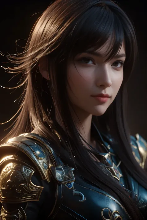 Game art，The best picture quality，Highest resolution，8K，(A bust photograph)，(Portrait)，(Head close-up:1.5)，(Rule of thirds)，Unreal Engine 5 rendering works， (The Girl of the Future)，(Female Warrior)， 
20岁少女，((Hunter))，An eye rich in detail，(Big breasts)，优雅...