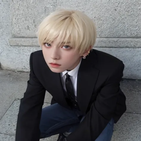 Blonde boy in a suit and tie sitting on a stone step., kim doyoung, hyung tae, cai xukun, taken in the early 2020s, hong junio hyung, TaeJune Kim, foto de perfil, Jung Jaehyun, con el pelo largo y blanco, parque jimin, jossi de blackpink, pintar ulzzang, J...