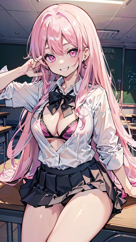 (8K、best image quality、highest quality、masterpiece)、detailed face、1 girl、gyaru、pink hair、long hair、wavy hair、Pink eyes、earrings、evil smile、((grin))、big breasts、((white collared shirt))、((open clothes))、((black bikini))、((black pleated skirt))、((it at desk、...