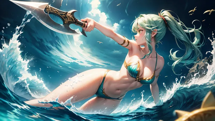 ((in the best-beautiful Undersea)), ((hand holding ax gripping ax in hand)), swimming:1.3 ((battle fighting stance)), profile (solo ponytail green hair long hair cute mermaid:1.2 girl, 14 yo, cute yellow eyes, serious face), ((background many sea ​​creatur...