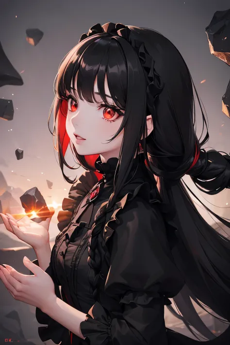 1girl,sense of deps,disorganized,catch light,Super beautiful illustrations,((Countless flying rocks)),((black color,long hairstyles:1.3)),dark dark eyeshadow,(((4K,super beautiful,In detail,red eyes))),bright red lipstick,gothic lolita,;D,beautiful and del...