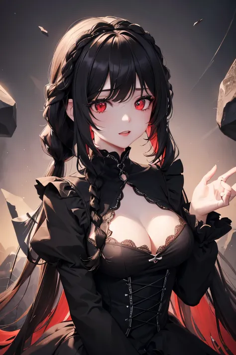 1girl,sense of deps,disorganized,catch light,Super beautiful illustrations,((Countless flying rocks)),((black color,long hairstyles:1.3)),dark dark eyeshadow,(((4K,super beautiful,In detail,red eyes))),bright red lipstick,gothic lolita,;D,beautiful and del...