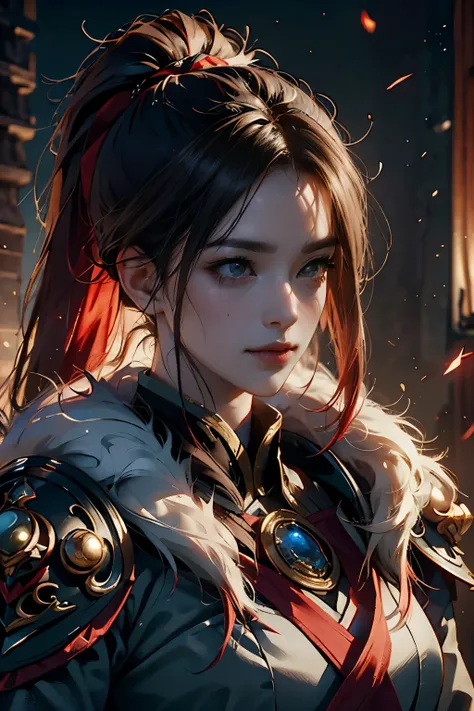 Game art，The best picture quality，Highest resolution，8K，(A bust photograph)，(Portrait)，(Head close-up:1.5)，(Rule of thirds)，Unreal Engine 5 rendering works， (The Girl of the Future)，(Female Warrior)， 
20岁少女，((Hunter))，An eye rich in detail，(Big breasts)，优雅...