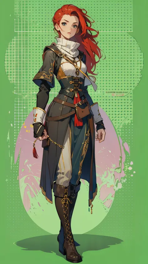 character design sheet, medieval tall female wizard, leather heel boots, exposed belly, leggings, skirt, with red hair and black eyes