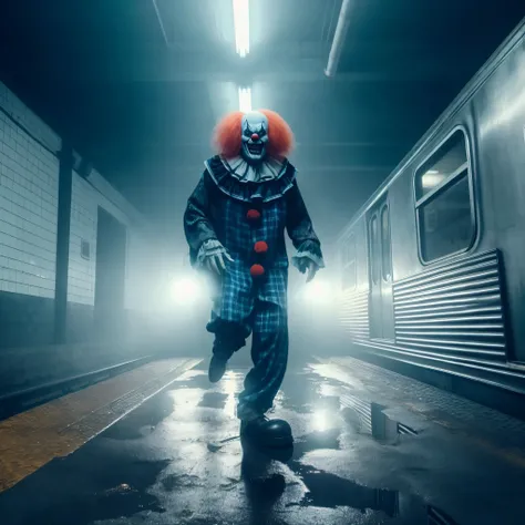 clown in a subway station with a train in the background, scary clown, pennywise style, pennywise theme, pennywise, the clown is far from the camera, stephen king as pennywise, dead clown, clown, portrait death clown, skull clown, intricate clown costume, ...