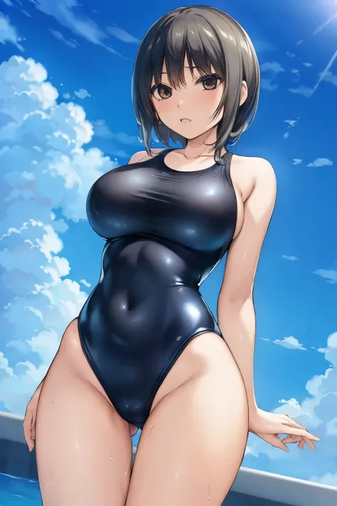 (masterpiece, highest quality, super detailed) (sumika), (long hair), (slim:1.7), short hair, black hair, pool, (huge breasts:1.4), raised, Wet , Sweat,  beautiful face, (Big eyes:1.5), cute,  fog, ,(old school swimsuit:1.3), ,, (election of nipples:0.8), ...