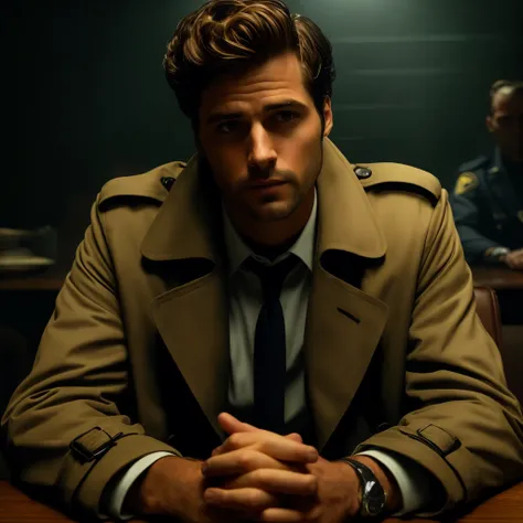 arafed man in trench coat sitting at a table with his hands folded, frank moth, ryan dening, portrait of a detective, constantine, neo noir style, greg rutowski, by Andrew Domachowski, attractive man, handsome man, noir film still, he is wearing a trenchco...