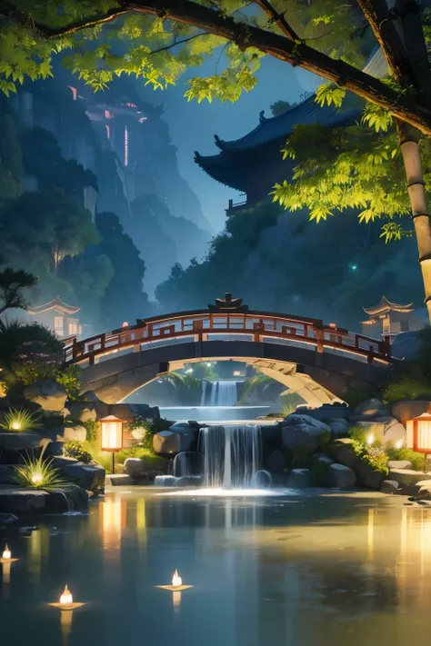 (Beautiful ancient Chinese architecture, moonlight twinkling, lakes at night, shaded by bamboo forests, stone bridge arches, gurgling water, rockery stone paths, blooming water lilies, hot spring water vapor, auspicious moonlight illustration: 1.0), epic c...