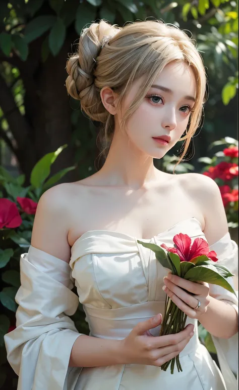 1girl, light color hair, updo hairstyles, elegant divine, doll-like cuteness, young and cute, white hibiscus garden, (inadvertently snapshot, closer)divinity, hibiscus ornaments, intricate, solo focus, realistic, dynamic pose realistic, detailed and correc...